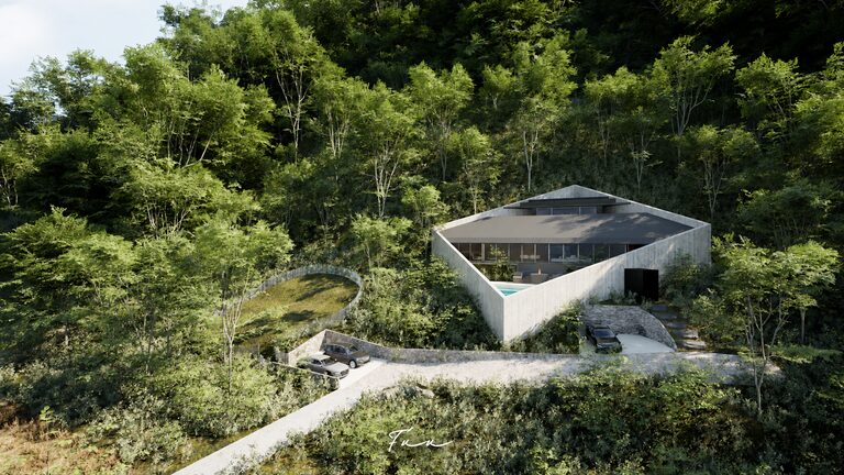 東京湾を望む三段の傾斜地｜地形に寄り添うひし形ヴィラ
